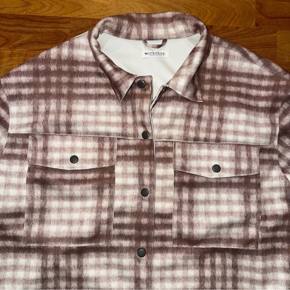 Workshop Republic Beige Flannel Faux Leather Suede Shacket Snap Buttons - Picture 2 of 13